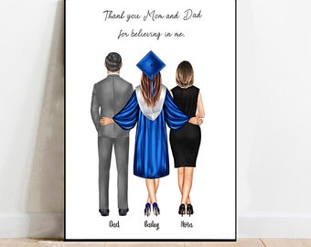 Personalised Graduation family gift, Custom Graduate girl with  mom and dad, Graduation thank you card for parents graduation