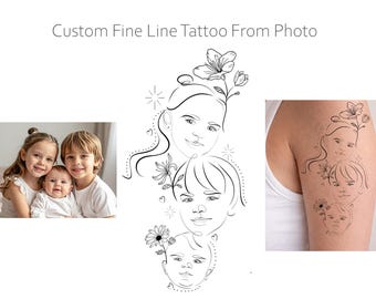 Custom 3 Kids Line Art Tattoo from Photo | Fine Line Child Tattoo Design | Mom of Three Gift