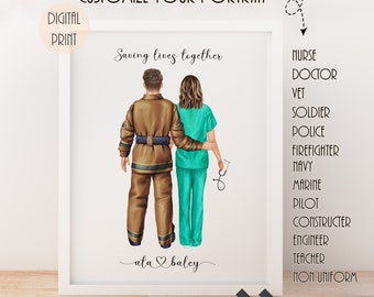 May include: A digital print of a couple standing back to back. The man is wearing a firefighter uniform and the woman is wearing a nurse uniform. The text "Saving lives together" is above them and "ata baley" is below them. The text "SCROLL THE PAGES" is at the bottom of the image. The image also includes a list of professions, including nurse, doctor, vet, soldier, police, firefighter, navy, marine, pilot, constructor, engineer, teacher, and non uniform.