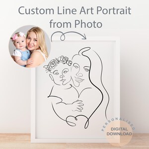 May include: A framed line art portrait of a mother and child, with the text "Custom Line Art Portrait from Photo." The artwork is a digital download, with the word "Personalised" visible. A photo of a mother and child is in the upper left corner.