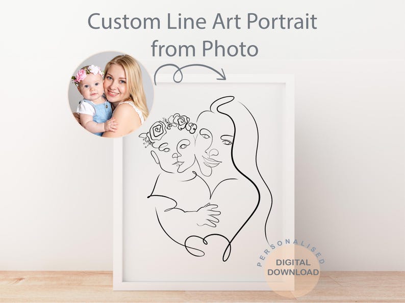 May include: A framed line art portrait of a mother and child, with the text "Custom Line Art Portrait from Photo." The artwork is a digital download, with the word "Personalised" visible. A photo of a mother and child is in the upper left corner.