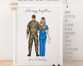 Personalised Nurse and military boy friend print,custom military gift,Personalised couples portrait,Army husband print,partner print,