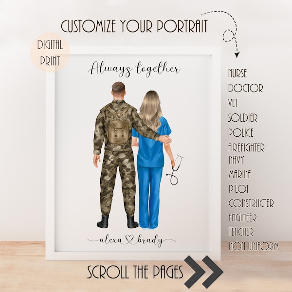 Personalised Nurse and military boy friend print,custom military gift,Personalised couples portrait,Army husband print,partner print,