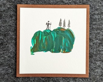 Lustige Geburtstagskarte, Wandern, Glückwunschkarte, Geschenk für Wanderer und Hiker, Unikat, Akrylfarben, handgemalt, Original, Tannen