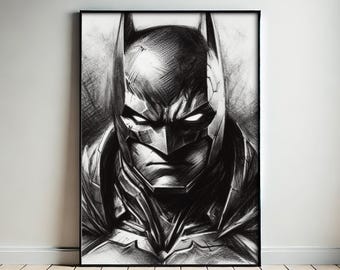 Dark Knight Poster, Vigilante Charcoal Sketch, Dark & Thrilling Wall Art, Superhero-Inspired Decor, Comic Book Fan Gift, Man Cave Decoration