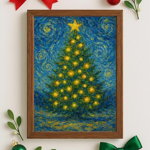 Impressionist Christmas Tree Painting - Van Gogh Inspired Holiday Wall Art, Festive Winter Home Decor, Dreamy Christmas Tree Print