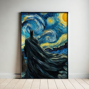 Poster verticale opaco "Notte stellata del Cavaliere Oscuro", stile Van Gogh, arte ispirata ai supereroi, stampa artistica da parete, regalo per gli appassionati di fumetti, "Il Cavaliere Oscuro"