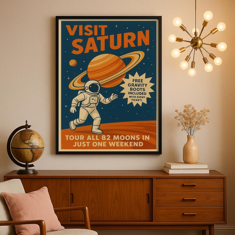 Visit Saturn Retro Space Travel Poster - Funny Vintage Sci-fi Wall Art ...