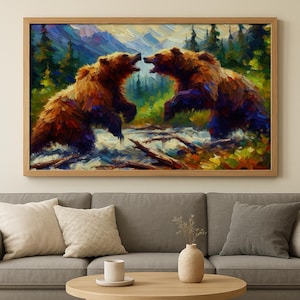 Luta de ursos pardos, Batalha de ursos pardos, Pintura de urso pardo, Natureza selvagem do Alasca, Pôster de cabana de caça, Pôster com estampa de urso pardo
