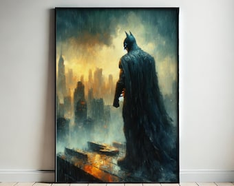Dark Knight Aesthetic Poster, Dark Vigilante Cityscape Poster, Superhero-Inspired Decor, Gift for Comic Book Fans, Superhero Art