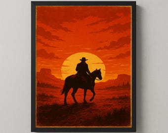 Vintage Cowboy Sunset Poster – Western Adventure Wall Art