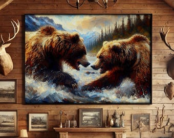 Grizzly Bear Poster, Grizzly Bear Battle, Alaskan Wildlife Decor, Bear Fight Wall Art, Cabin Wall Poster, Hunting Lodge Decor, Grizzly Bear