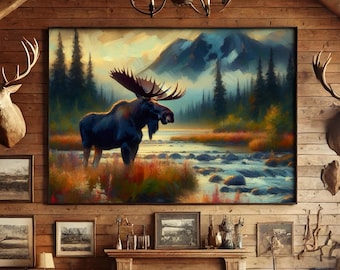 Affiche d'orignal, oeuvre d'art murale animalière, peinture nature sauvage de l'Alaska, affiche murale de cabane, grande affiche horizontale de pavillon de chasse, peinture d'orignal