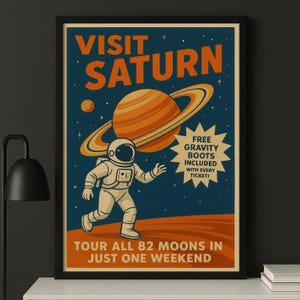 May include: A vintage-style poster with a black frame. The poster features an astronaut running towards Saturn, which is depicted with its rings. Text reads "VISIT SATURN" and "TOUR ALL 82 MOONS IN JUST ONE WEEKEND". Includes "FREE GRAVITY BOOTS INCLUDED WITH EVERY TICKET!"