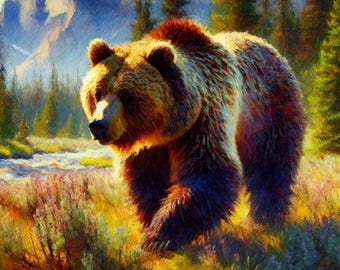 Grizzly Bear Poster, Grizzly Bear Yellowstone Wall Decor, Grizzly Bear Art, Cabin Wall Art, Hunting Lodge, Grizzly Bear Painting