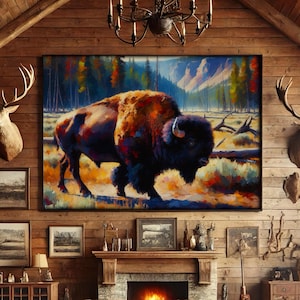 Bison Yellowstone Park Poster, großes Bison Poster, Jagdhaus Cabin Decor, Wildtier Kunst, Matte Wandkunst, Horizontaler Kunstdruck