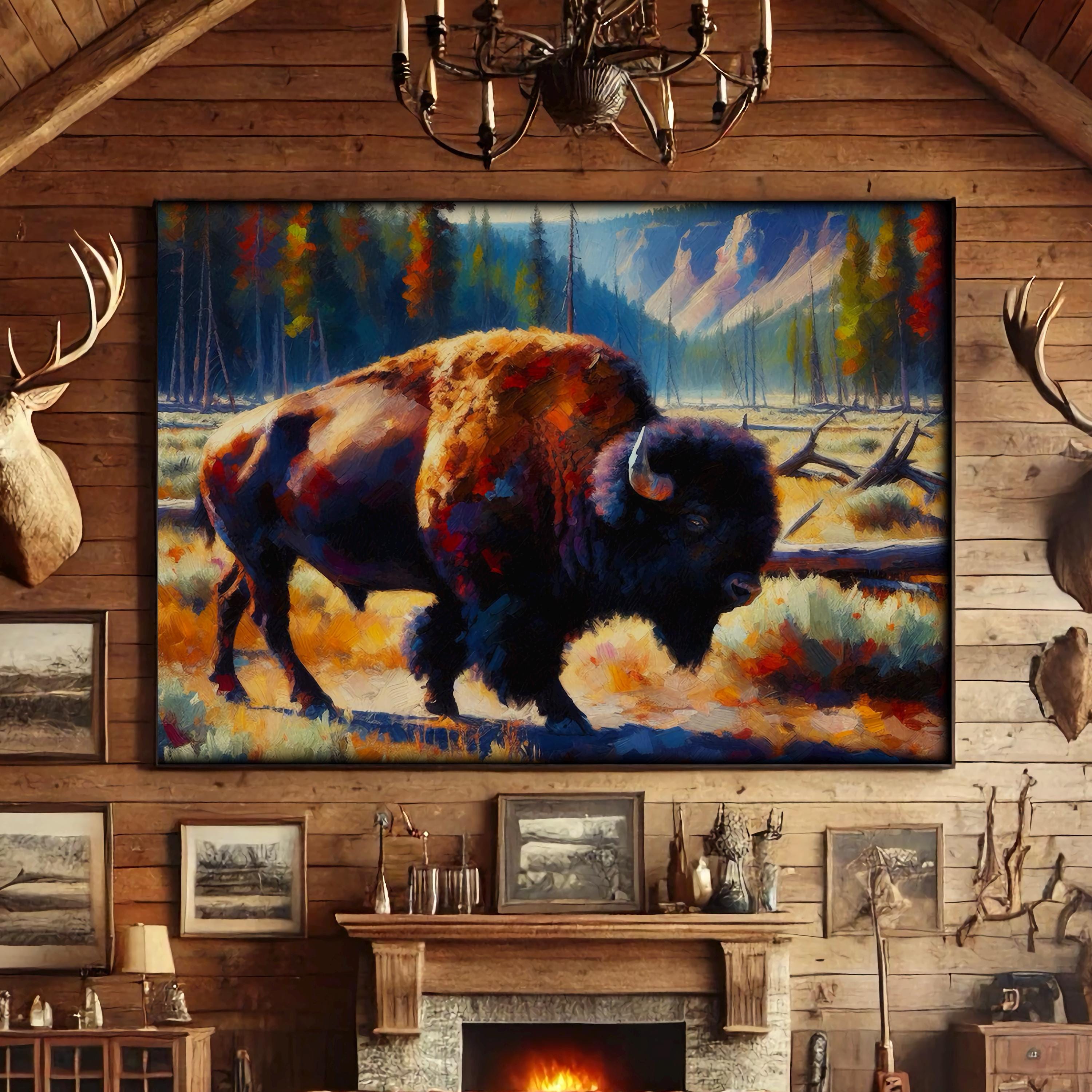 Bison Yellowstone Park Poster, Large Bison Poster, Hunting Lodge Cabin Decor, Wildlife Art, Matte Wall Art, Horizontal Art Print