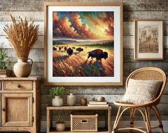 Bison Crossing The Plains Wall Print | American Bison | Bison Poster | Impressionist Bison | Buffalo Painting | Buffalo Art | Buffalo Plains