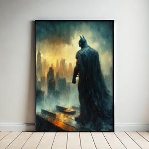 Dark Knight Aesthetic Poster, Dark Vigilante Cityscape Poster, Superhero-Inspired Decor, Gift for Comic Book Fans, Superhero Art
