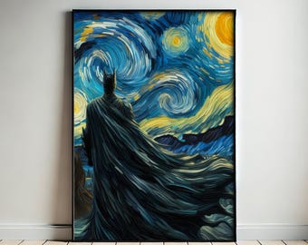 Plakat pionowy „Mroczny rycerz: Gwiaździsta noc” w macie, sztuka w stylu Van Gogha, sztuka inspirowana superbohaterami, wydruk ścienny, prezent dla fana komiksu, Mroczny rycerz