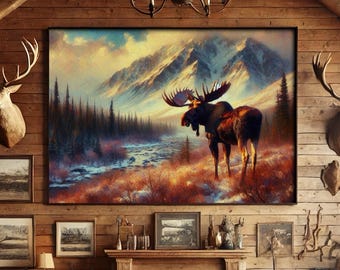 Affiche d'orignal, peinture d'orignaux, nature sauvage de l'Alaska, paysage d'hiver, décoration d'intérieur de montagne, affiche de pavillon de chasse, décoration de cabane