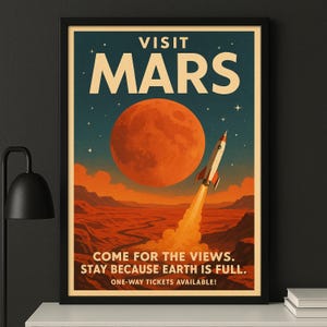 Visit Mars retro reisposter - futuristische print ruimtetoerisme, vintage sci-fi muurkunst, retro ruimtekunst, reisposter Mars