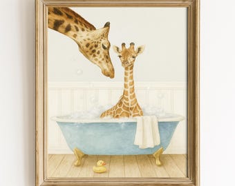 Whimsical Giraffe Bath Time Poster | Cute Baby Animal Wall Art | Nursery & Kids Room Decor | Cute Farmhouse Wall Art