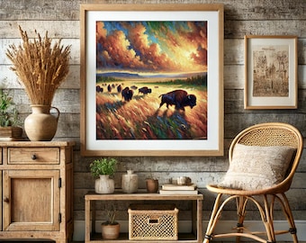 Puede incluir: Una pintura de paisaje enmarcada representa bisontes pastando en un campo bajo una colorida puesta de sol. La obra de arte está en un marco de madera y cuelga de una pared rústica con paneles de madera. La habitación está decorada con un mueble de madera, una silla de mimbre y jarrones decorativos.