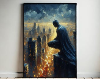 Dark Knight Moody Cityscape Impressionist Superhero Print, Superhero-Inspired Decor, Dark Knight Poster, Comic Book Fan Art, Dark Knight Art