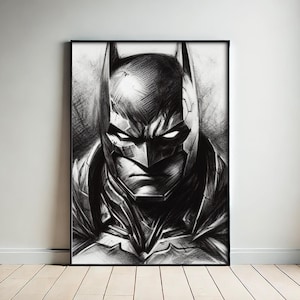 Dark Knight Poster, Vigilante Charcoal Sketch, Dark & Thrilling Wall Art, Superhero-Inspired Decor, Comic Book Fan Gift, Man Cave Decoration