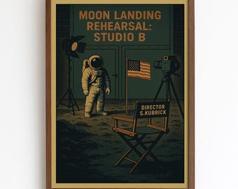 Póster de ensayo de aterrizaje lunar: arte mural conspirativo divertido con astronauta, cámara y silla de director de Kubrick.