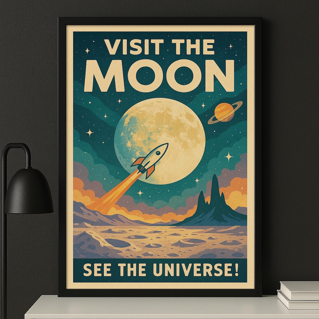 Visit the Moon Poster - Retro Space Travel Print, Mid Century Modern ...