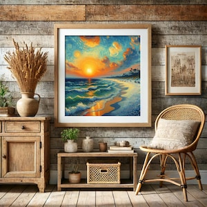 Beach Sunset Matte Poster, Van Gogh Style Art Print, Ocean Waves Coast Wall Decor, Home Office Decor, Gift for Beach Lovers, Coastal Decor,