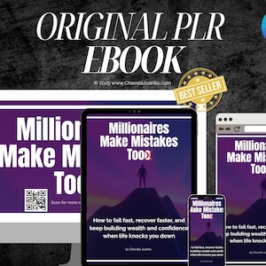 May include: Digital ebook titled "Millionaires Make Mistakes Too" displayed on a computer, tablet, and phone. The cover features a silhouette on a mountain with purple and blue hues. The image includes the text "Original PLR Ebook" and a "Best Seller" badge.