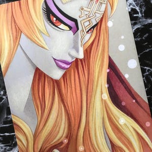 May include: A watercolor painting of a woman with long, flowing, orange and yellow hair. She has a purple and gray face with a gold design on her forehead. Her eyes are red and she is looking to the right.