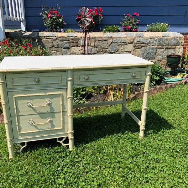 PRIVATE LISTING  for purchase by Emily only - Faux Bamboo Desk with Fretwork, Thomasville Allegro