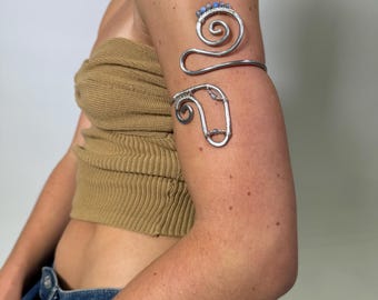Fire Agate Spiral Arm Cuff • Handmade Aluminum Upper Arm Bracelet • Boho Statement Jewelry • Adjustable Arm Band
