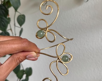 Green Aventurine Arm Cuff – Handmade Brass Upper Arm Bracelet – Boho Arm Jewelry – Festival Jewelry – Adjustable Arm Band – Crystal Arm Cuff