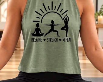 Camiseta sin mangas "Respira, Estira, Repite", Camiseta de yoga, Camiseta de yoga sin mangas, Regalo para amantes del yoga, Camiseta de fitness de yoga, Regalo para amantes del yoga
