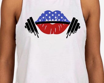 Cropped trainingstanktop voor dames met lippenstift met Amerikaanse vlag | Patriottische gymtanktop voor dames
