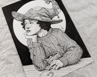 Cozy Witch with her Newts - Original Ink Art - 5x7 - Hand drawn