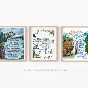 Chronicles of Narnia set of three wall art prints, CS lewis quote, watercolor print, nursery wall art set, Narnia print, Aslan