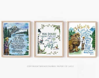 Chronicles of Narnia set of three wall art prints, CS lewis quote, watercolor print, nursery wall art set, Narnia print, Aslan