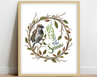 His Eye Is On The Sparrow Wall Art Print, Hymn Wall Art Print, Christian Home Decor, Watercolor Bird Art Painting, Hymnal Scripture