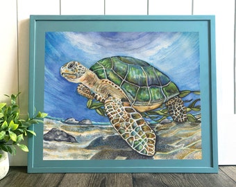 Watercolor Sea Turtle Art Print, Marine Life Wall Art, low country Watercolor Painting, Colorful coastal Sea Life, beach Home Decor