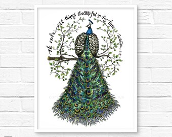 He Makes All Things Beautiful In His Time Bible Verse watercolor print, Peacock illustration,  handlettering quote, Ecclesiastes 3:11