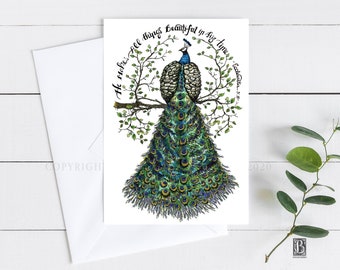 Ecclesiastes 3:11 peacock illustration scripture cards, hand lettering and watercolor, inspirational card with bible verse