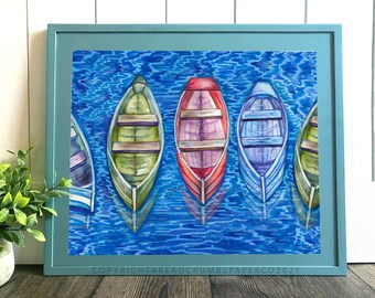 Vintage Rowboats art print, lake House decor, watercolor fishing boat wall art, rowing art,  coastal wall decor