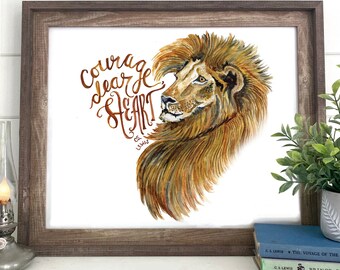 cs lewis quote, chronicles of narnia PRINT reads "Courage dear heart", literary print, Aslan narnia wall art, quotes about life, Lucy quote