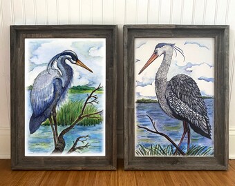 Heron Bird Art Prints Set of 2 , Great Blue Herons and gray heron, Coastal Bird Art, Tall Wading Bird Prints, lake house decor